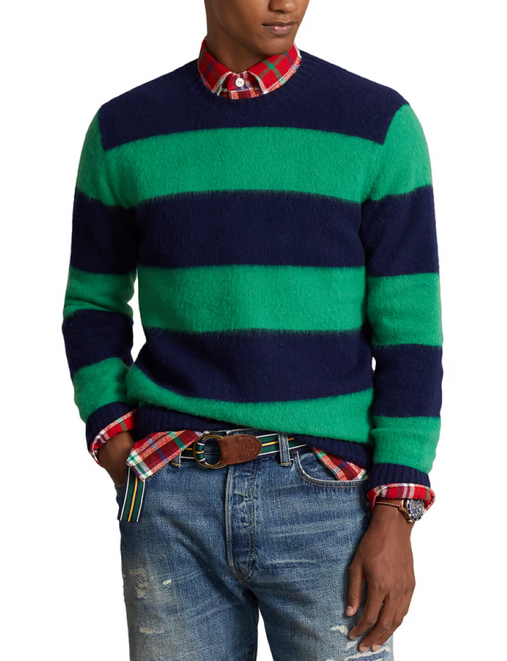 POLO Ralph Lauren MEN  Wool & Cashmere Striped Suede Trimmed Crewneck Sweater