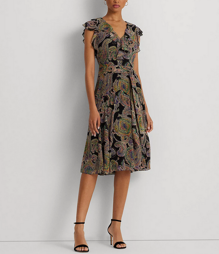 LAUREN RALPH LAUREN Paisley Belted Crinkle Georgette Dress