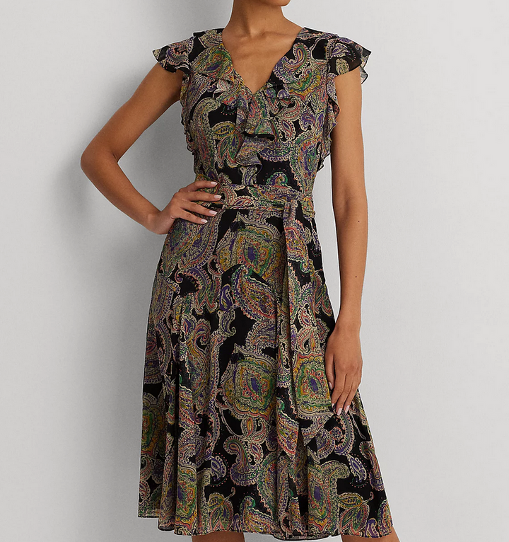 LAUREN RALPH LAUREN Paisley Belted Crinkle Georgette Dress