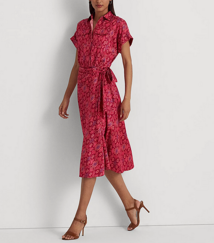 LAUREN RALPH LAUREN Geo-Print Shantung Tie-Waist Dress