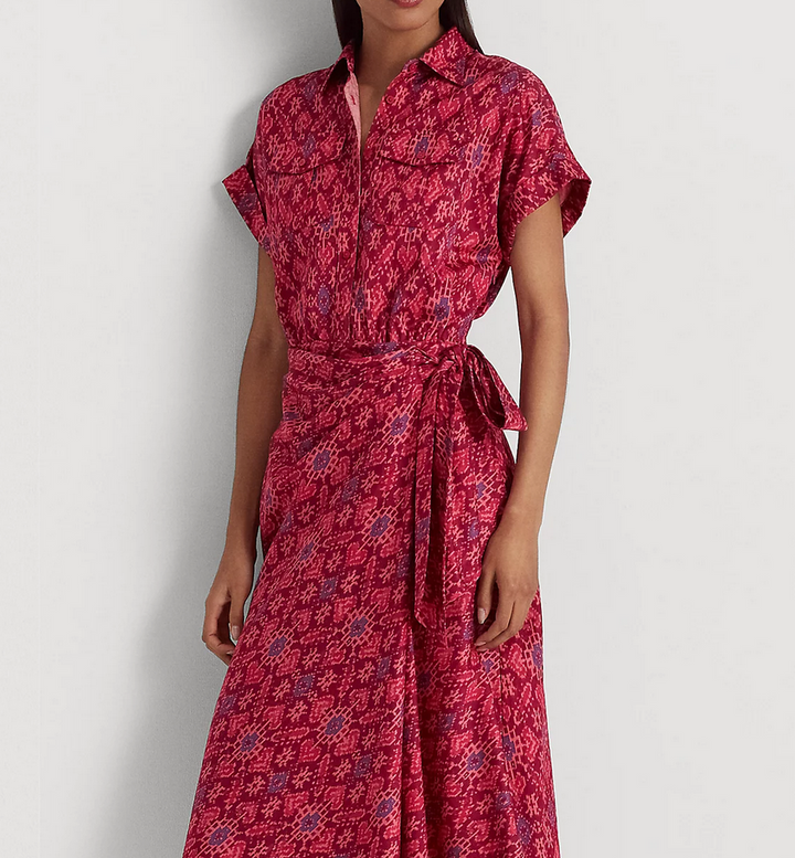 LAUREN RALPH LAUREN Geo-Print Shantung Tie-Waist Dress