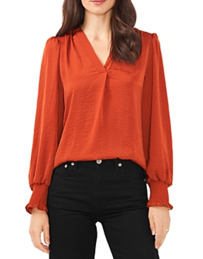 VINCE CAMUTO Smocked V Neck Blouse