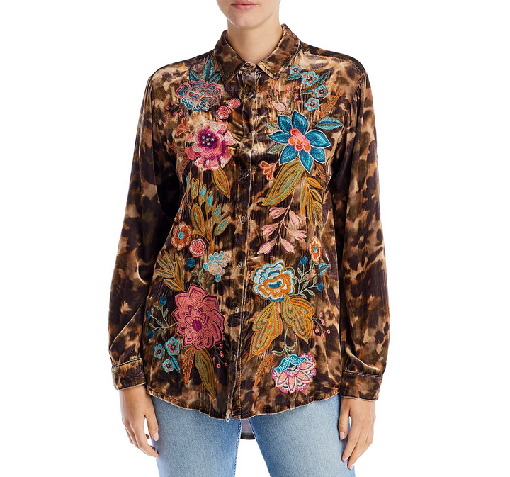 Johnny Was Bianca Flower Design Velvet Shirt