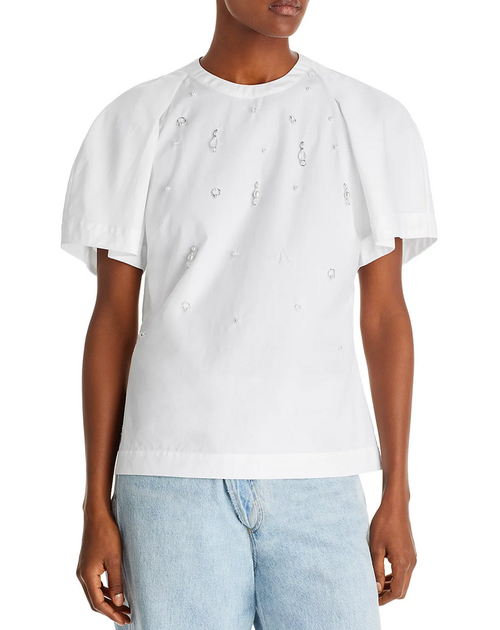 3.1 Phillip Lim Cotton Poplin Embellished Puff Sleeve Top