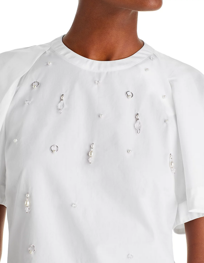 3.1 Phillip Lim Cotton Poplin Embellished Puff Sleeve Top