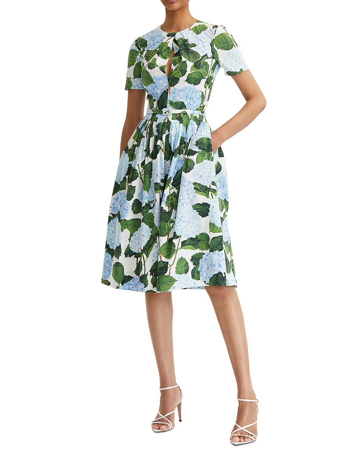 Oscar de la Renta Printed Short Sleeve Twist Front Dress