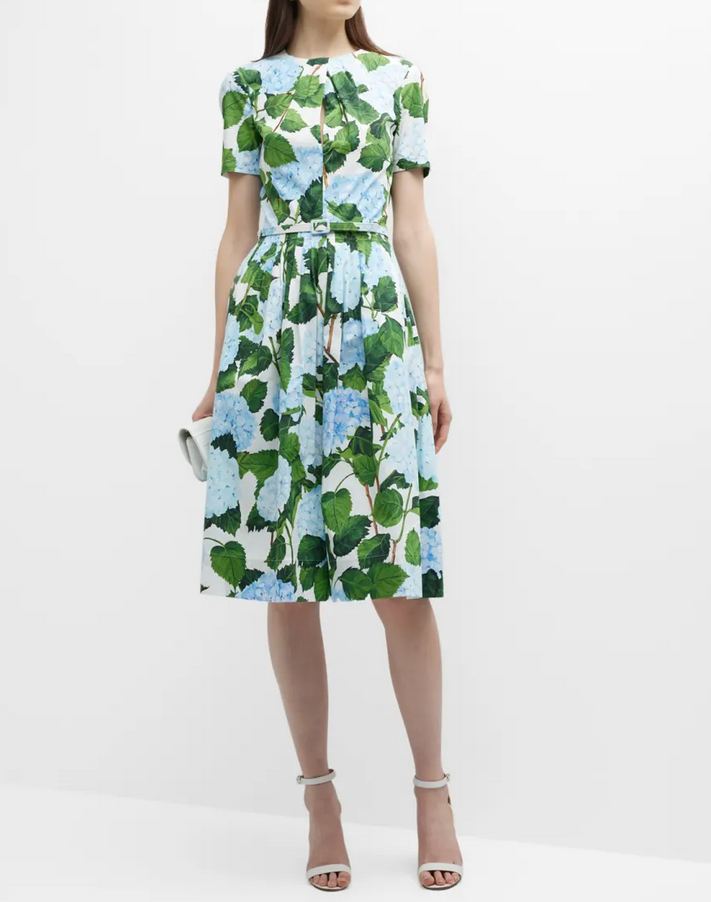 Oscar de la Renta Printed Short Sleeve Twist Front Dress