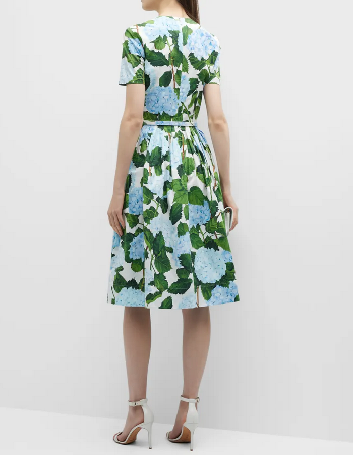 Oscar de la Renta Printed Short Sleeve Twist Front Dress