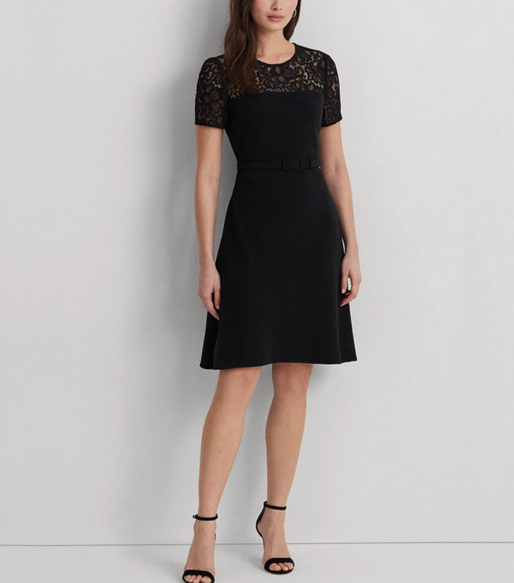 LAUREN RALPH LAUREN Belted Lace-Trim Fit & Flare Dress