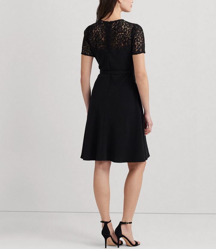 LAUREN RALPH LAUREN Belted Lace-Trim Fit & Flare Dress