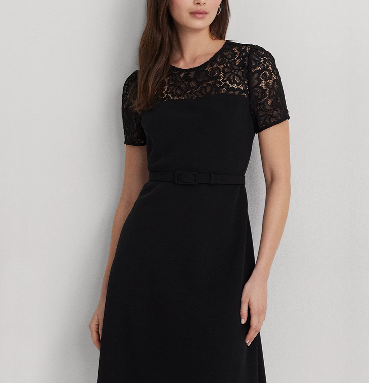 LAUREN RALPH LAUREN Belted Lace-Trim Fit & Flare Dress