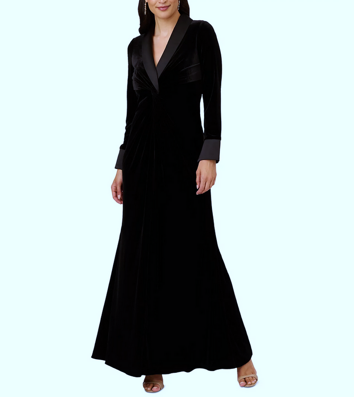 Adrianna Papell Velvet Twist-Front Tuxedo Gown