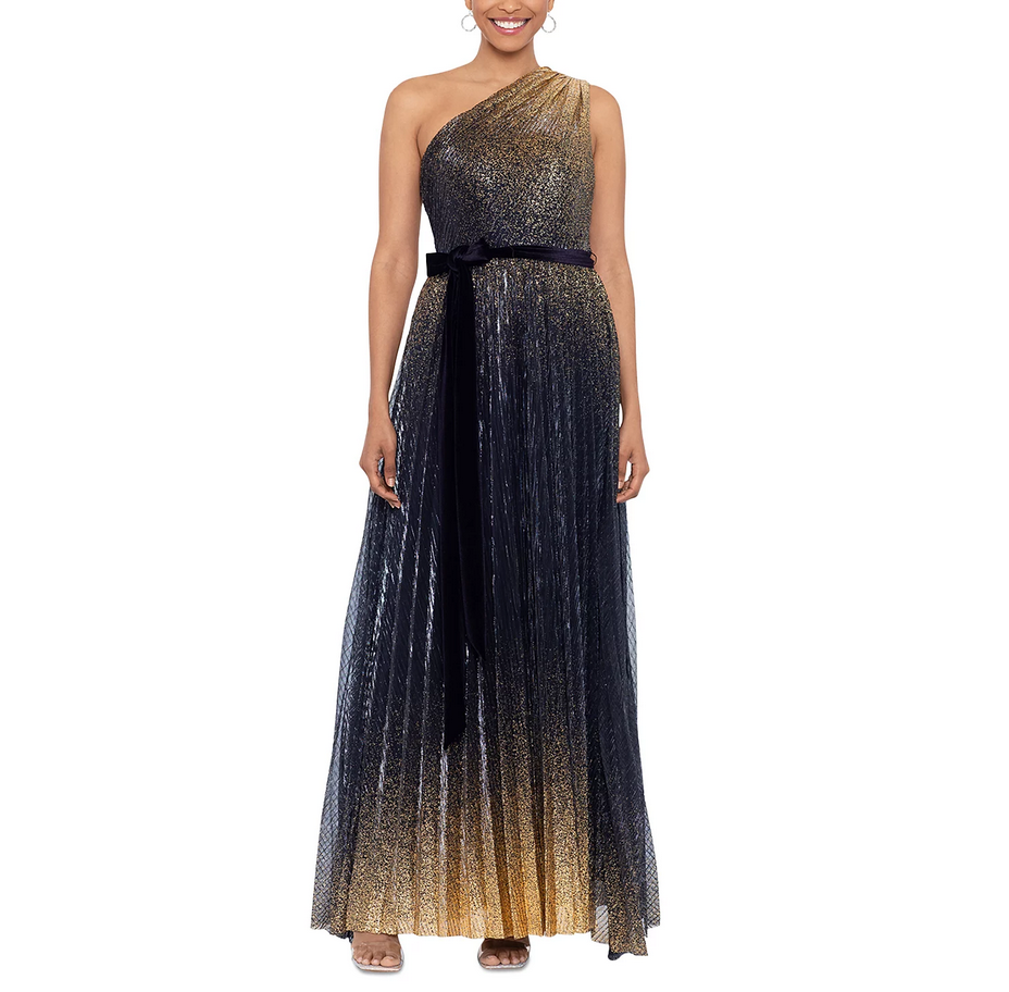 AQUA Glitter Pleated One Shoulder Gown