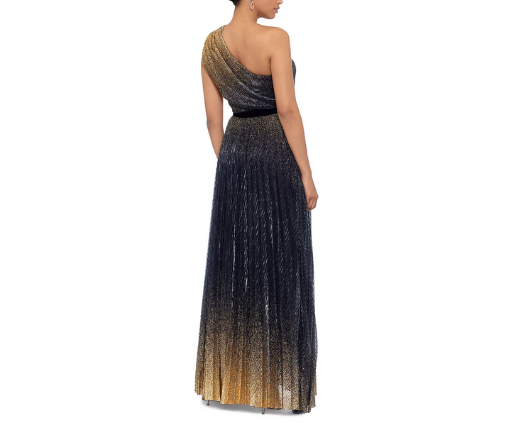 AQUA Glitter Pleated One Shoulder Gown