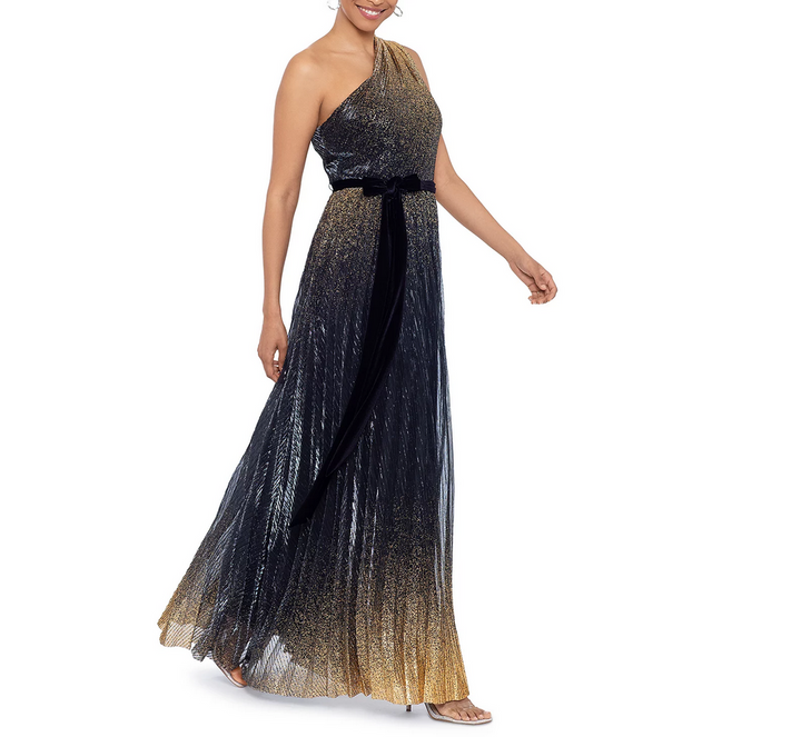 AQUA Glitter Pleated One Shoulder Gown