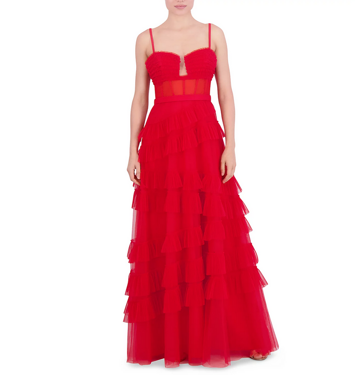 BCBGMAXAZRIA Sweetheart Ruffled Sleeveless Gown