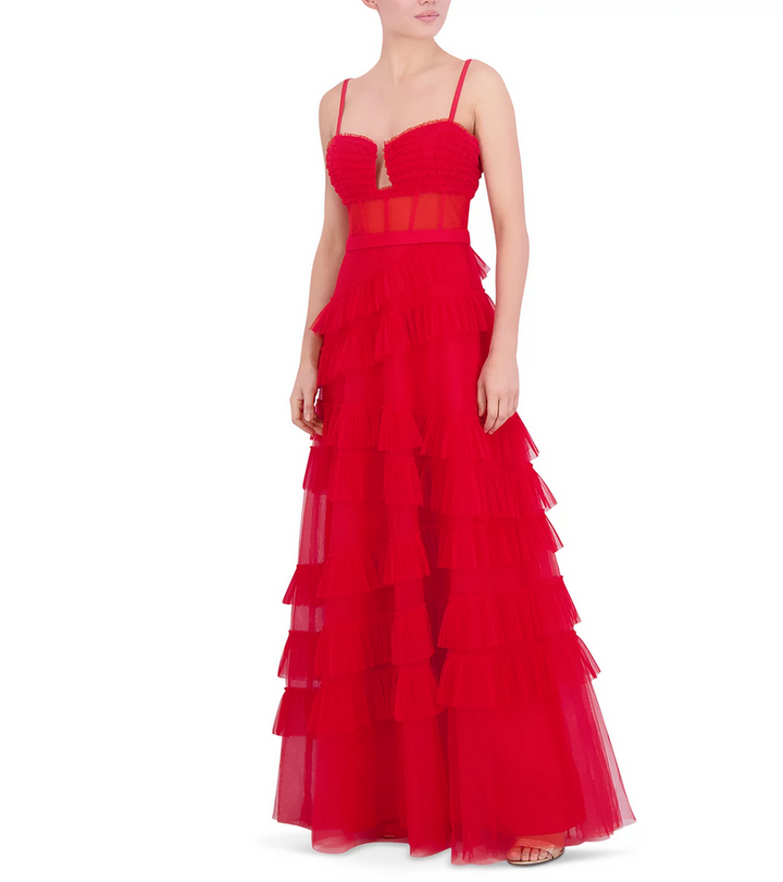 BCBGMAXAZRIA Sweetheart Ruffled Sleeveless Gown