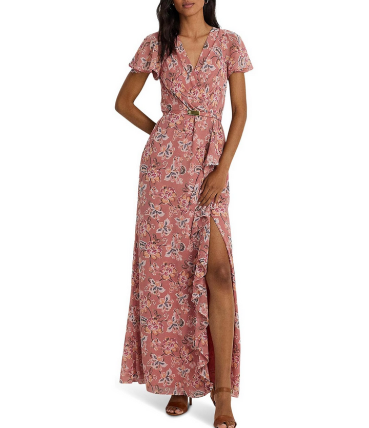 LAUREN RALPH LAUREN Floral Belted Flutter-Sleeve Gown