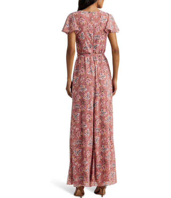 LAUREN RALPH LAUREN Floral Belted Flutter-Sleeve Gown