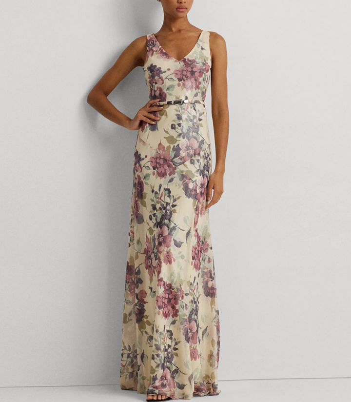 LAUREN RALPH LAUREN Metallic Floral Chiffon Gown