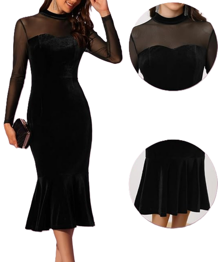 Allegra K Bodycon Elegant Velvet Sheer Mesh Mock Neck Midi Cocktail Dress