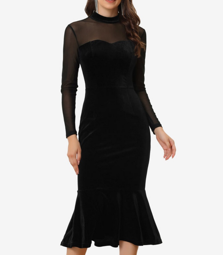 Allegra K Bodycon Elegant Velvet Sheer Mesh Mock Neck Midi Cocktail Dress