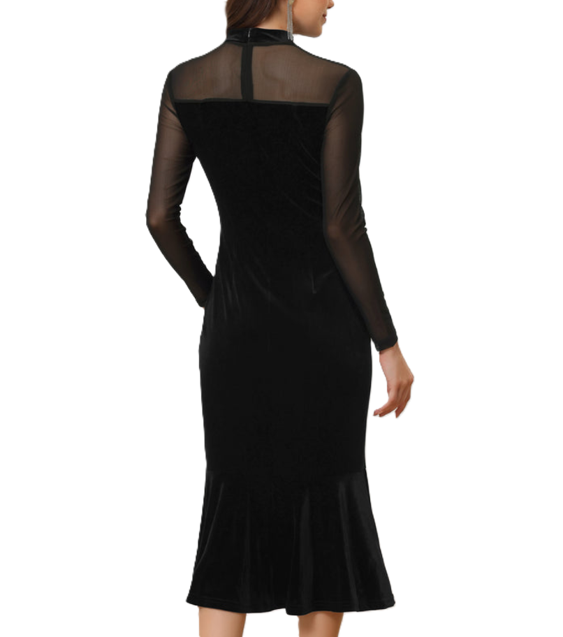 Allegra K Bodycon Elegant Velvet Sheer Mesh Mock Neck Midi Cocktail Dress