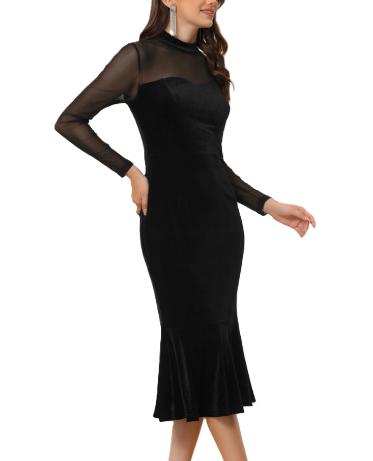 Allegra K Bodycon Elegant Velvet Sheer Mesh Mock Neck Midi Cocktail Dress