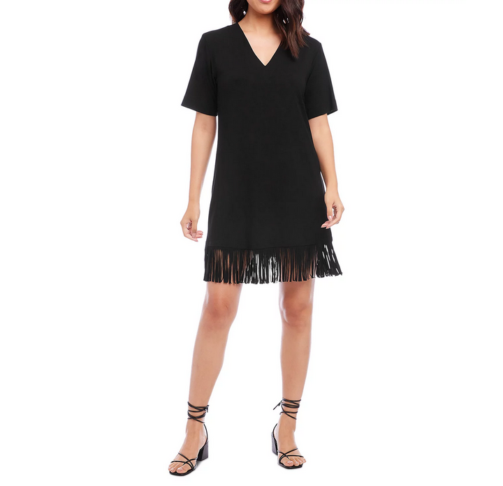 Karen Kane Petite V Neck Fringe Trim Dress