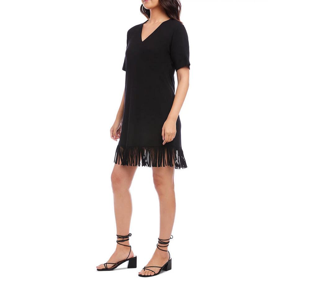 Karen Kane Petite V Neck Fringe Trim Dress