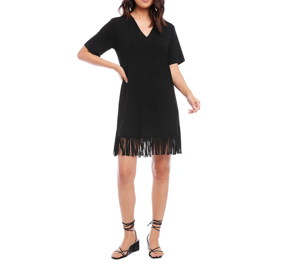 Karen Kane Petite V Neck Fringe Trim Dress