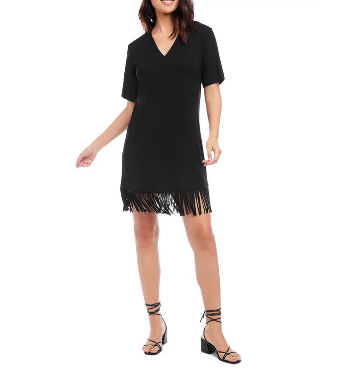 Karen Kane Petite V Neck Fringe Trim Dress