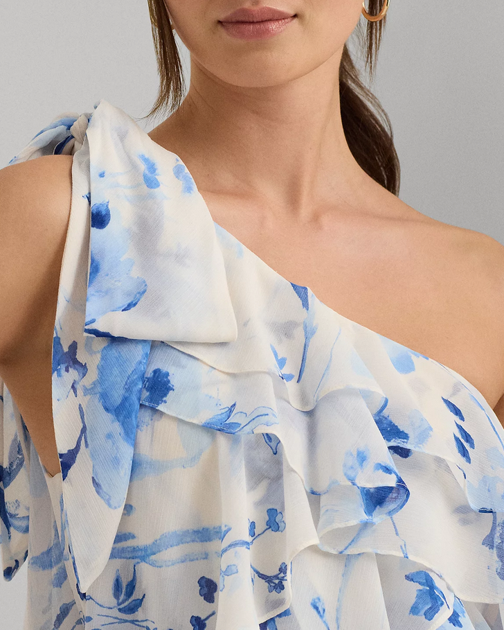 Lauren Ralph Lauren One-Shoulder A-Line Dress 0 / White Multi Lauren Ralph Lauren One-Shoulder A-Line Dress 0 / White Multi