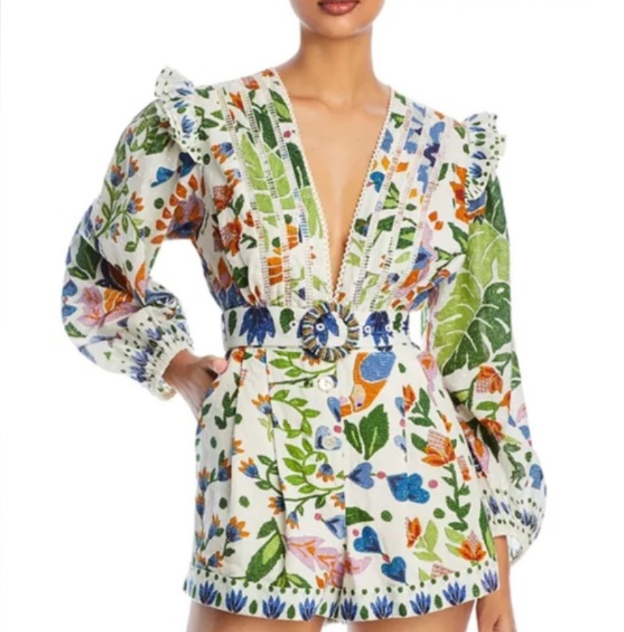 Farm Rio Summer Garden Printed Belted Romper