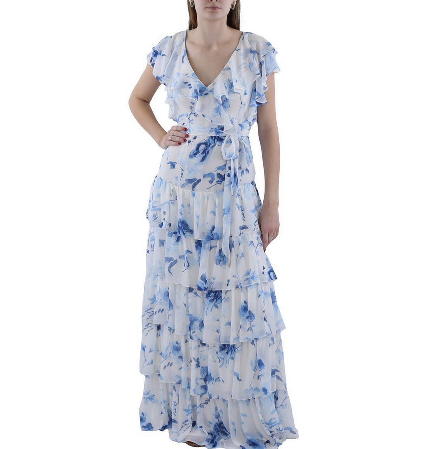 LAUREN RALPH LAUREN Belted Tiered Floral Gown