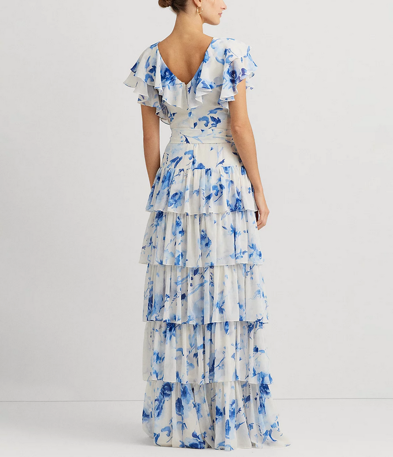 LAUREN RALPH LAUREN Belted Tiered Floral Gown