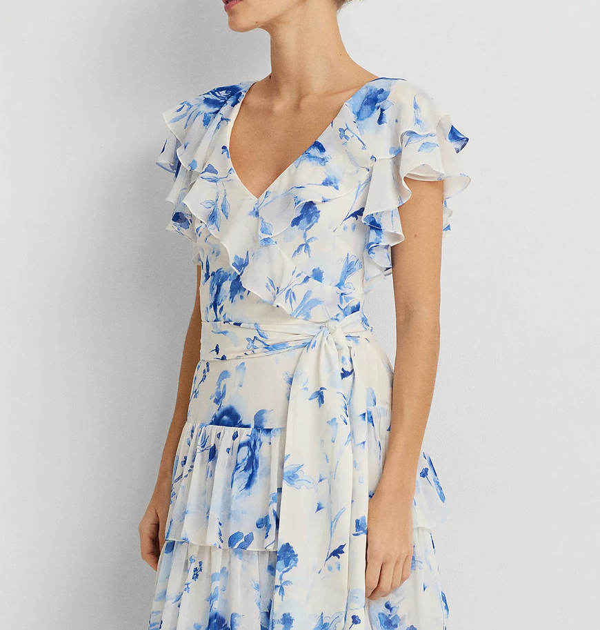 LAUREN RALPH LAUREN Belted Tiered Floral Gown