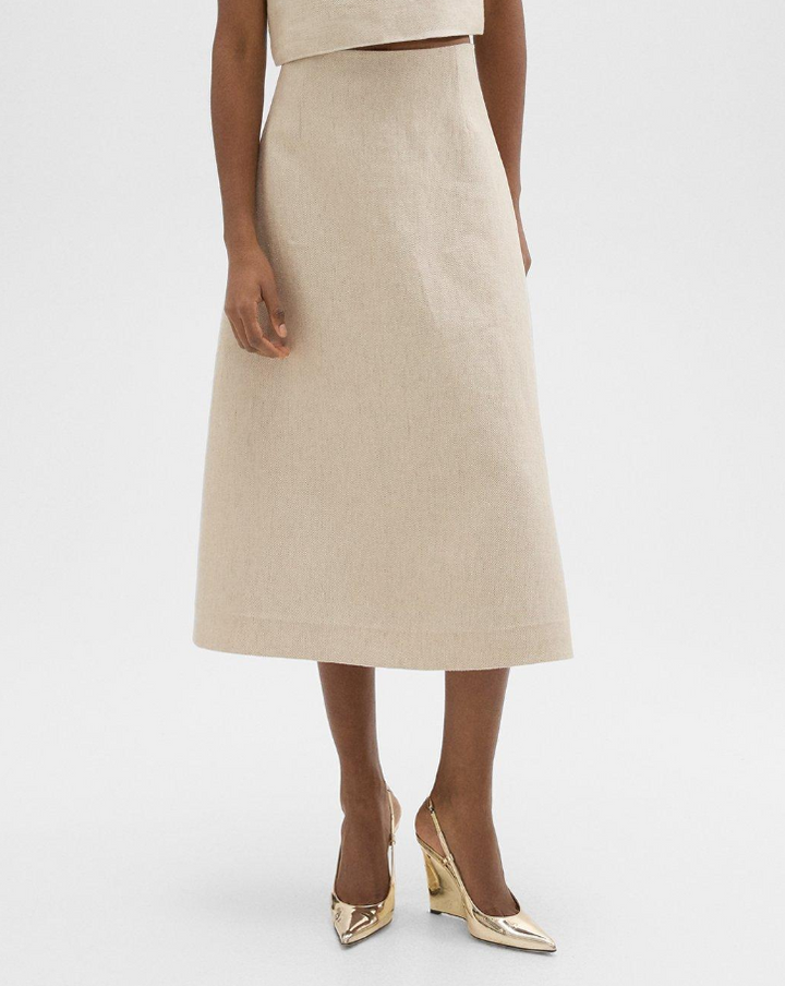 Theory High Waisted Basket Weave Linen Midi Circle Skirt