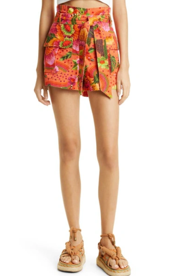 FARM Rio Blooming Garden Belted High Waist Cotton Shorts