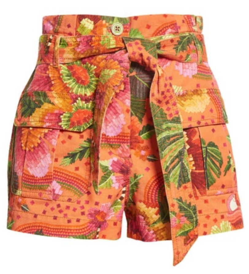 FARM Rio Blooming Garden Belted High Waist Cotton Shorts