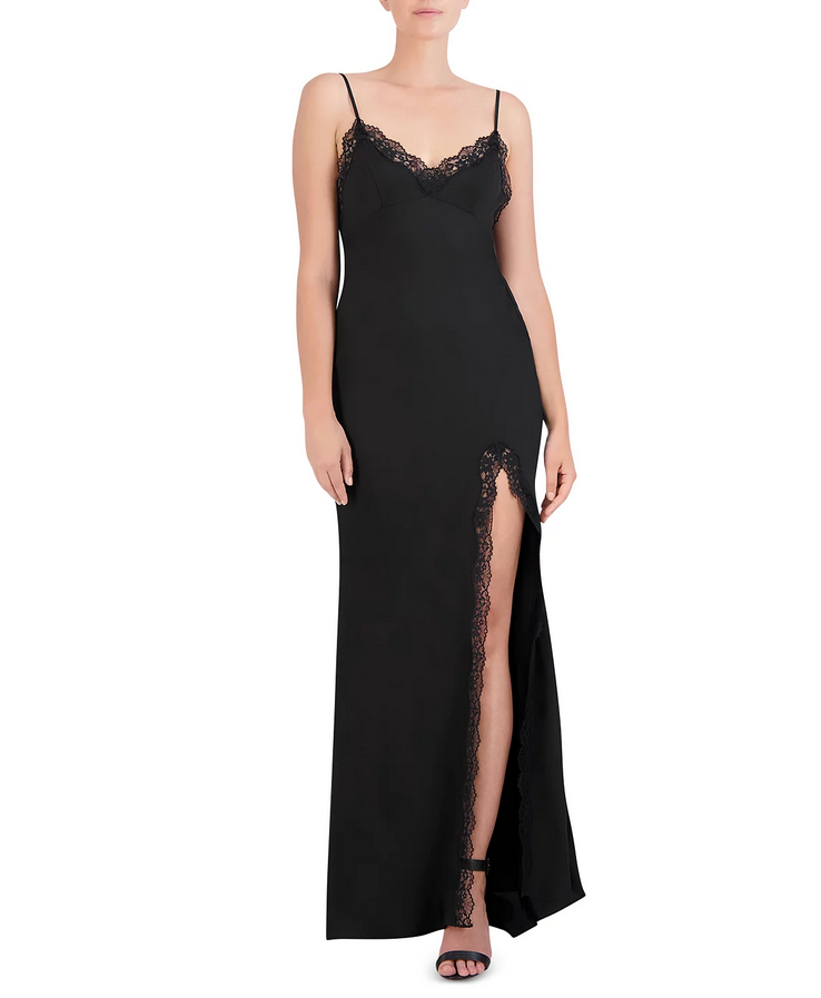 BCBGMAXAZRIA Lace Trim Low Back Evening Gown