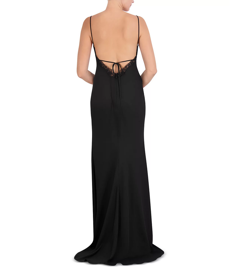 BCBGMAXAZRIA Lace Trim Low Back Evening Gown