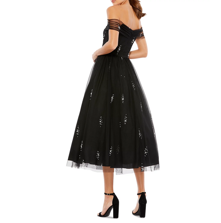 IEENA for Mac Duggal Off The Shoulder Beaded Fit and Flare Dress