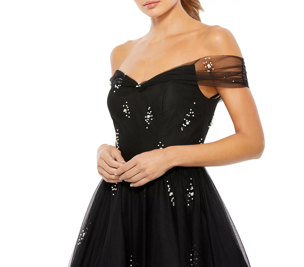 IEENA for Mac Duggal Off The Shoulder Beaded Fit and Flare Dress