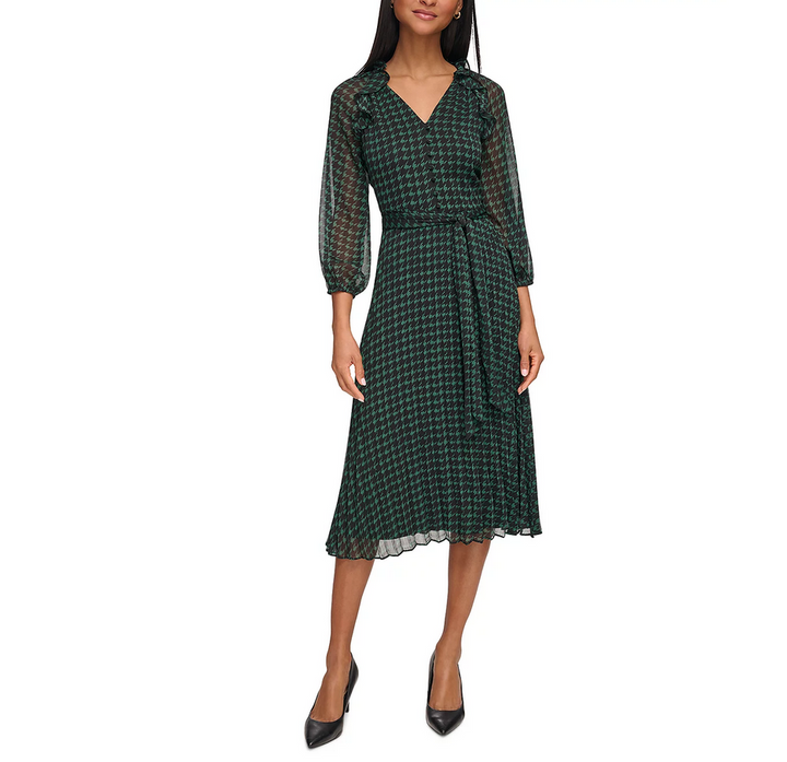 KARL LAGERFELD PARIS Houndstooth Print Chiffon Tie Waist Dress