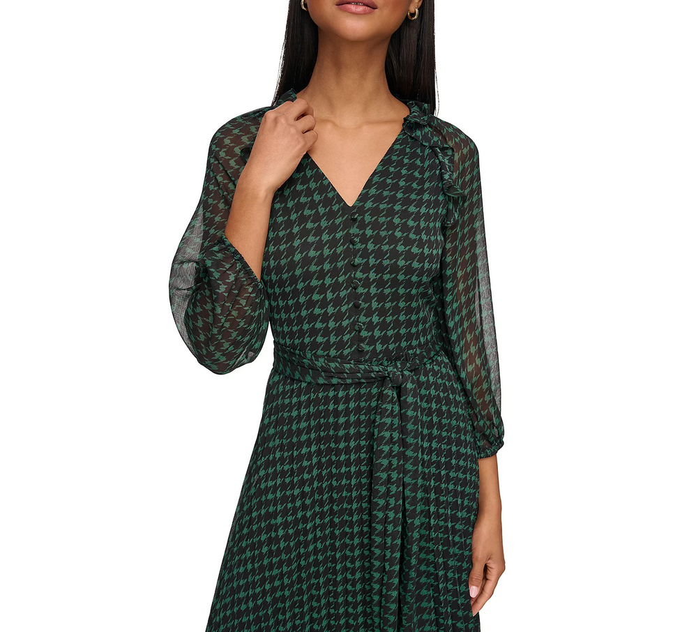 KARL LAGERFELD PARIS Houndstooth Print Chiffon Tie Waist Dress