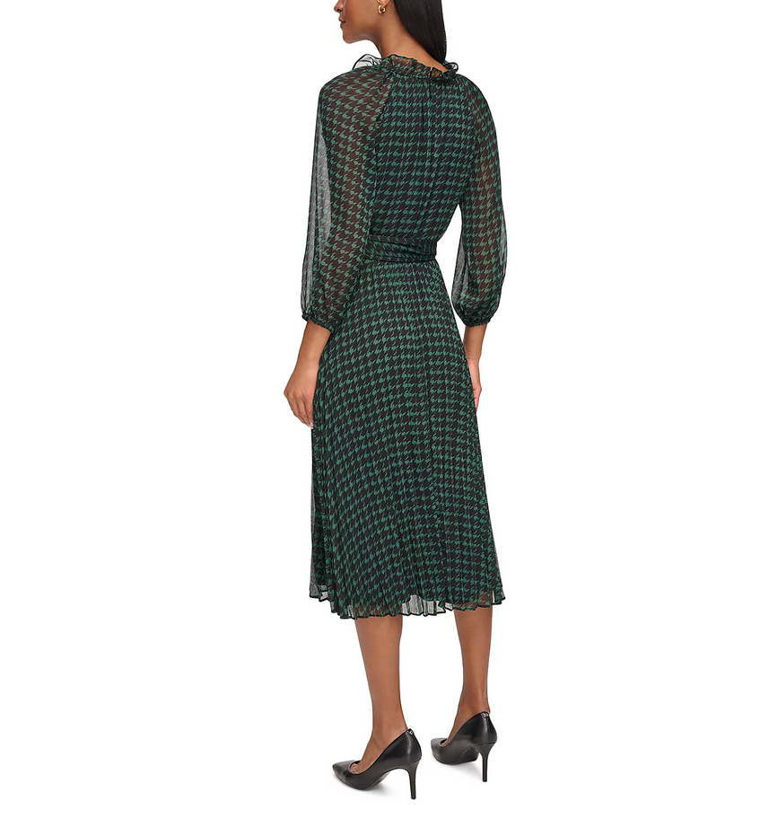 KARL LAGERFELD PARIS Houndstooth Print Chiffon Tie Waist Dress