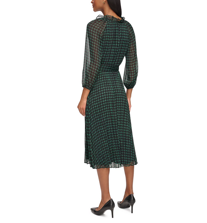 KARL LAGERFELD PARIS Houndstooth Print Chiffon Tie Waist Dress