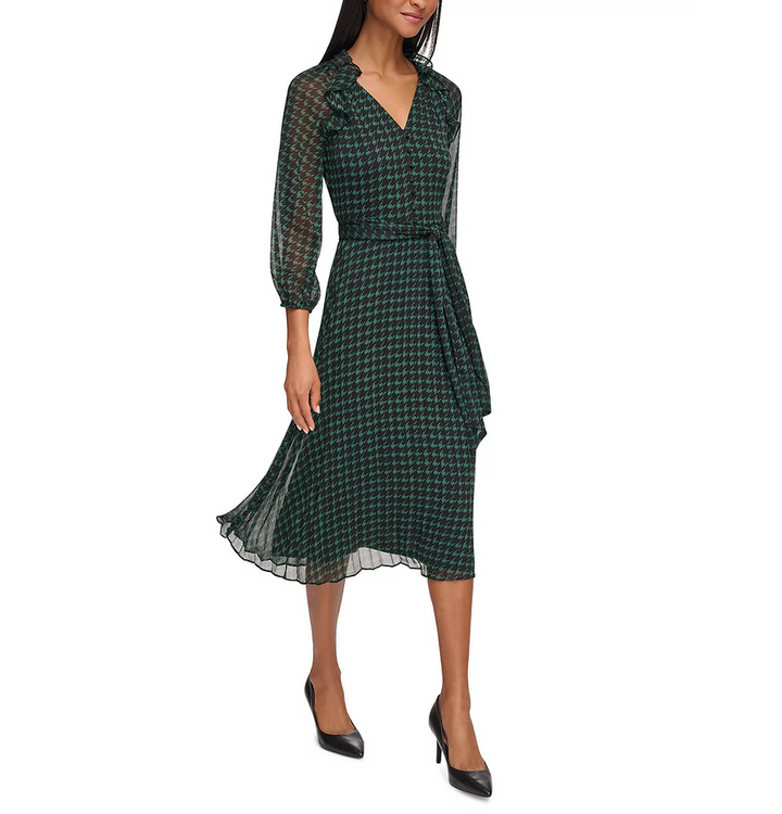 KARL LAGERFELD PARIS Houndstooth Print Chiffon Tie Waist Dress