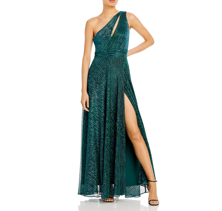 AQUA One Shoulder Crinkled Metallic Gown